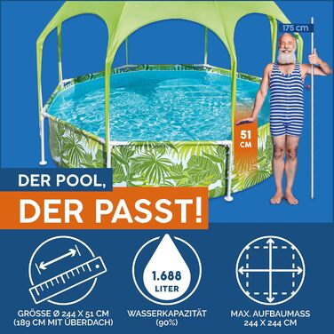 Басейн Bestway Steel Pro Frame з навісом від сонця 244x51 см Круглий садовий басейн із розбризкувачем та захистом від ультрафіолету, наземний басейн для дітей та сімей, дизайн Green Leaf, літній, 244 x 51 см 2