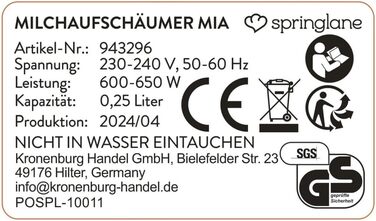 Електричний спінювач молока SPRINGLANE Mia, нержавіюча сталь, 600 Вт, 250 мл, 2 насадки, 4 програми для холодного або гарячого спі