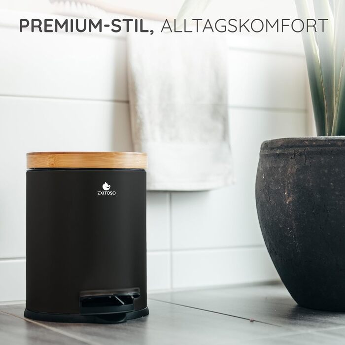 Відро для сміття для ванної Exitoso 5 л чорне - косметичне відро з бамбуковою дерев'яною кришкою та механізмом плавного закриття -