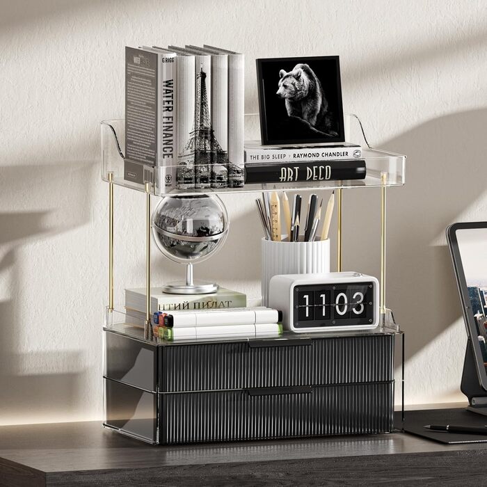 Рівневий органайзер для макіяжу з 2 шухлядами для жінок з великою кількістю речей - Багатоцільовий настільний органайзер для туалетного столика - Великий органайзер для догляду за шкірою чорного кольору. Квадратний - Чорний, 2-