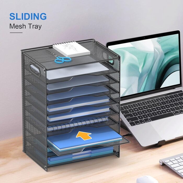 Рівневий настільний органайзер OUTWOLF з ручкою, міцний металевий органайзер для паперу, лоток для листів, відділення для зберігання, офісне приладдя для документів формату A4, паперу, книг, журналів (чорний) 10-рівневий настільний органайзер, 10-