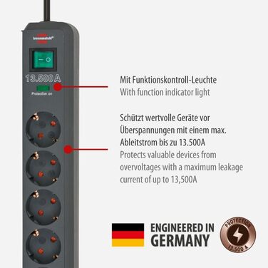 Подовжувач Brennenstuhl на 6 розеток із захистом від перенапруги та кабелем 1,5 м (багаторозеткова розетка Eco-Line з вимикачем і