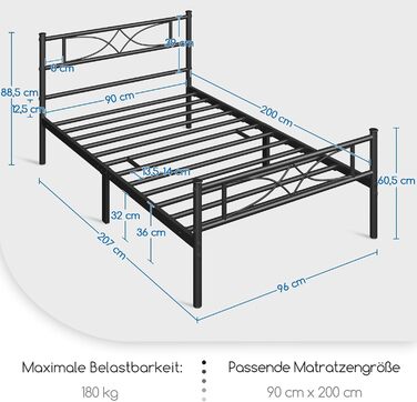 Металеве ліжко Yaheetech 90 x 200 см Каркас ліжка з високим узголів&39ям Гостьове ліжко з рейковою основою для спальні Кімната для гостей Багато місця для зберігання під ліжком Чорне 90 x 200 см