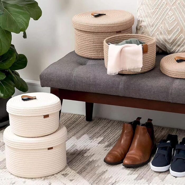 Кошики для зберігання з кришками, плетені кошики з бавовняних ниток з ручками, декоративні кошики, що миються, багатофункціональний органайзер для полиць, вітальня та ванна кімната (білий), 2