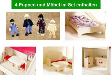Дерев&39яний ляльковий будиночок Іззі з 2 поверхами, 4 ляльками та 9 предметами меблів Ручка для перенесення (Дитячий ляльковий будиночок з 2 поверхами, меблями та аксесуарами) - (38 x 27 x 39 см) 2-поверховий ляльковий будиночок