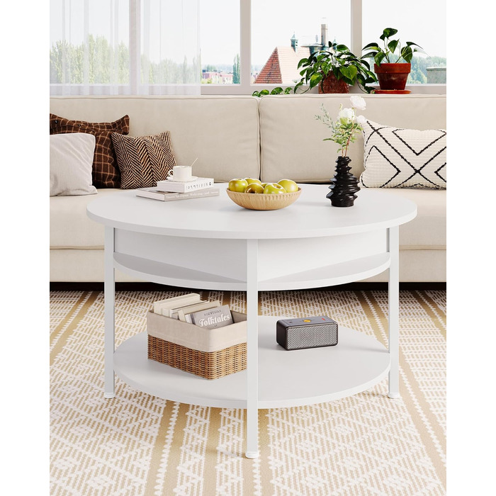 Круглий журнальний столик з підйомною стільницею, журнальний столик з регульованою висотою, бічний столик, стіл для вітальні з прихованим місцем для зберігання, відкритий відсік, металевий каркас, для вітальні, офісу, 70 x 70 x 50 см, білий.