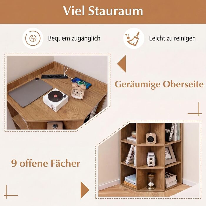 Кутова книжкова полиця COSTWAY із 3-рівневою зарядною станцією, кутова полиця з 9 відділеннями, 2 USB-портами та 4 розетками, полиця для зберігання речей для спальні, вітальні (натуральний колір)