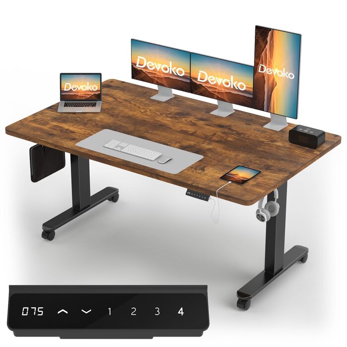 Стіл Devoko з регульованою висотою та 2 двигунами, цільна стільниця 25 мм, 160x80 см, мобільний електричний комп&39ютерний стіл з організацією кабелів, вінтажний коричневий - ідеальна ергономіка для вашого офісу, вінтажний коричневий чорний, 157x77 см