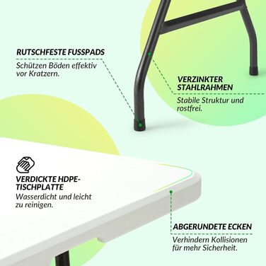 Розкладний садовий стіл Velway 180x74 см, фуршетний стіл - швидкий та простий у встановленні розкладний стіл для 6-8 осіб, водонепроникний, кемпінговий стіл, стіл для вечірок, стіл для блошиного ринку з ручкою для саду, патіо, балкону, білий