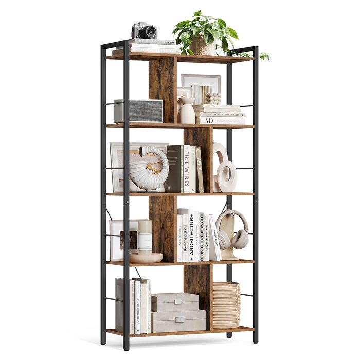 Книжкова полиця VASAGLE, 5-ярусна полиця, окремостояча полиця, офісна полиця, відкриті полиці, промисловий дизайн, для вітальні, спальні, офісу, кабінету, домашнього офісу, вінтажний коричнево-чорний колір LBC121B01