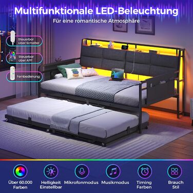 Розкладний диван-ліжко з висувним ліжком, кушетка 90x200(180x200) см, розкладна кушетка зі світлодіодним освітленням та зарядною станцією (2 розетки змінного струму, 2 порти USB), односпальне та двоспальне ліжко, гостьове ліжко сірого кольору 90x200 см/18