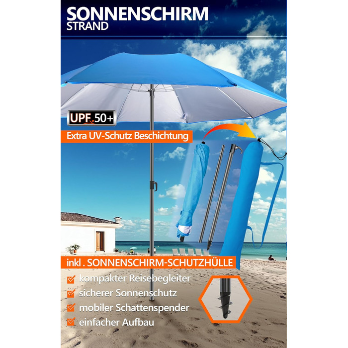 Пляжна парасолька Menz Ø 160 см - Функціональна дорожня парасолька UPF 50 для валіз - Практична, маленька складна пляжна парасолька, компактна пляжна парасолька, що поміщається у валізу, синя