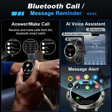 Військовий смарт-годинник для чоловіків з функцією телефону водонепроникний фітнес-трекер, смарт-годинник з Bluetooth-дзвінками та серцевим ритмом, монітором сну, крокоміром, спортивним годинником, Android/iOS, чорним