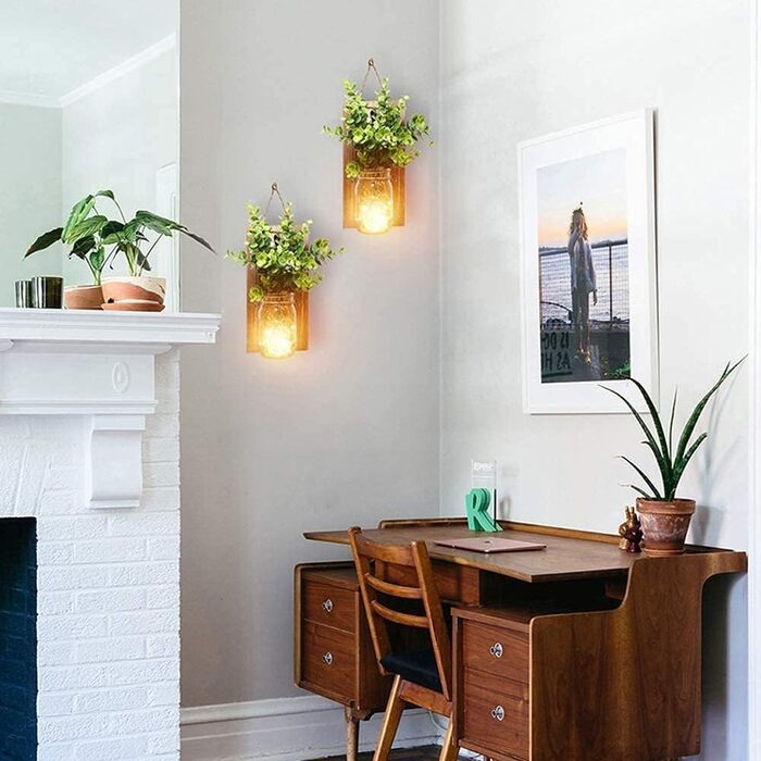 Сільське оздоблення стін, струнні ліхтарі в банку, зелена підроблена рослина, дерев'яне оздоблення вітальні з, теплі білі садові п