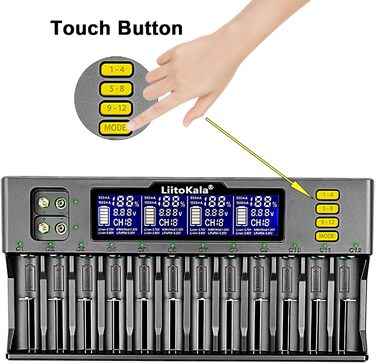 Слотовий РК-дисплей швидкий зарядний пристрій, інтелектуальний універсальний зарядний пристрій для літій-іонних (IMR/ICR) LiFePO4 Ni-MH/Cd 18650 21700 26650 18350 14500 RCR123 9V батарей AA AAA C, 12 18650 12-