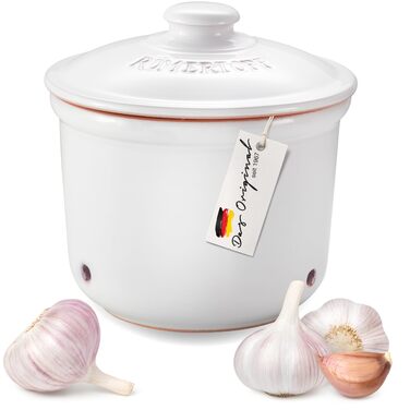 Літра - Керамічний горщик для часнику - Дихаюча глина довше зберігає овочі свіжими - Ідеальна циркуляція повітря - Білий, 0,6