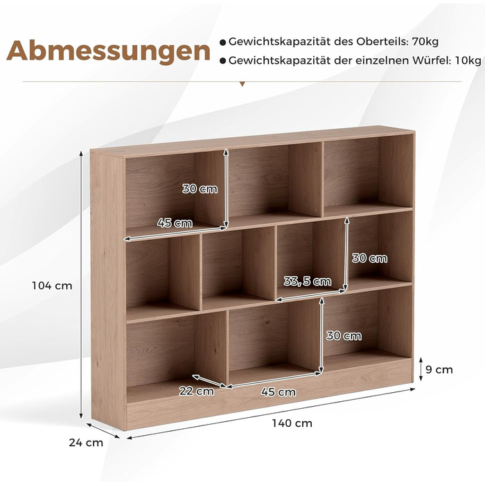Книжкова полиця COSTWAY з 10 відділеннями, 3-рівнева окремостояча полиця, кубічна полиця, офісна полиця, полиця для зберігання речей для вітальні, спальні, кабінету, офісу, 140 x 24 x 104 см (натуральний колір) Натуральний 10 відділень (140 x 24 x 104 см)