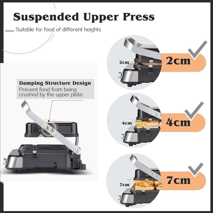 Багатофункціональний контактний гриль 4 в 1, сковорода, вафельниця та бутербродниця з 4 знімними пластинами з антипригарним покриттям, індивідуальним часом і температурою, LED-дисплеєм, грилем здоров'я 2000 Вт великий