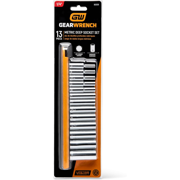 Набір торцевих головок GearWrench, 13 предметів, 1/4 привід, метричний 80308. 1/4 привід, 13 шт. Глибокий профіль, метрична система.