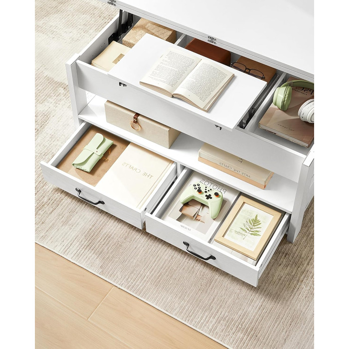 Журнальний столик VASAGLE, стіл для вітальні з регульованою висотою, газовий балон, 2 шухляди та 3 відділення під стільницею, журнальний столик, 1 відкрите відділення, для вітальні, домашнього офісу, білосніжний LCT254W02