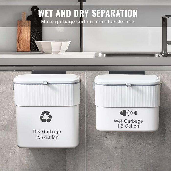 Сміттєвий бак для кухні ELPHECO - підвісний сміттєвий бак на 1,8 галона з кришкою, настінний сміттєвий бак на 7 літрів для дверей