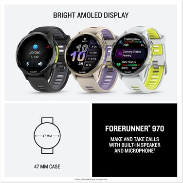 Розумний годинник Garmin Forerunner 970 Premium GPS для бігу та триатлону, AMOLED-дисплей, вбудований світлодіодний ліхтарик, карбоново-сірий DLC титановий колір з чорним корпусом та чорним напівпрозорим ремінцем з білого каменю