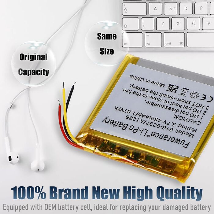 Акумулятор A1236 616-0337 ємністю 450 мАг 3,7 В, сумісний з iPod Nano 3rd G3 4 ГБ 8 ГБ 616-0311, 616-0333, музичним плеєром та відеоплеєром, літій-полімерний акумулятор ємністю 1,67 Втгод