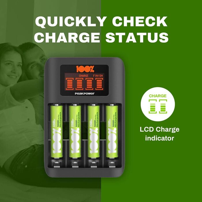 Швидкий зарядний пристрій PeakPower преміум-класу для акумуляторів AAA та AA NiMH з окремим слотом для зарядки та РК-дисплеєм, зарядний пристрій для акумуляторів з 4 батарейками AAA 4 батарейками AAA