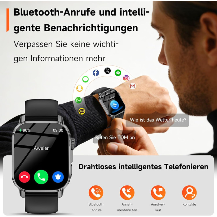 Чоловічий смарт-годинник з ЕКГ/BAT/ІМТ/ВСР/сечовою кислотою/світлодіодним підсвічуванням, 2.0-дюймовий годинник для здоров&39я з 24-годинним вимірюванням артеріального тиску, SpO2, монітором серцевого ритму, температурою тіла, монітором сну/апное, екстрен