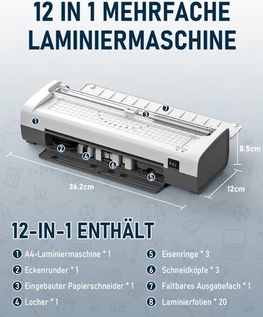 Ламінатор A4, гарячий та холодний ламінатор з 20 ламінуючими пакетами для паперів A4, A5 та A6, ламінатор 12-в-1 з різаком для паперу та закруглювачем кутів, ламінуючий пакет для школи, дому та офісу, білий
