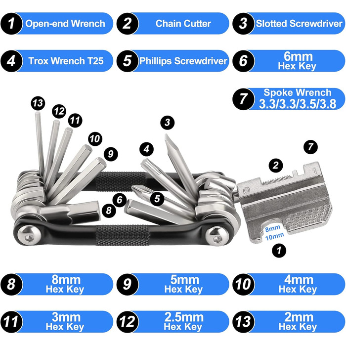 Велосипедний мультиінструмент, 17 в 1 Велосипедний інструмент Багатофункціональний інструмент Набір для ремонту велосипеда Кишеньковий інструмент для шосейних і гірських велосипедів, з розривом ланцюга, шестигранним ключем і спицею