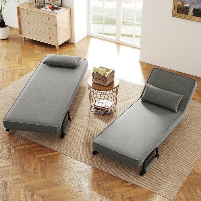 Крісло-ліжко 4-в-1, диван-ліжко, компактне гостьове ліжко, крісло-реклайнер з регульованою спинкою, вантажопідйомність 150 кг, металевий каркас та лляне темно-сіре одне ліжко темно-сірого кольору