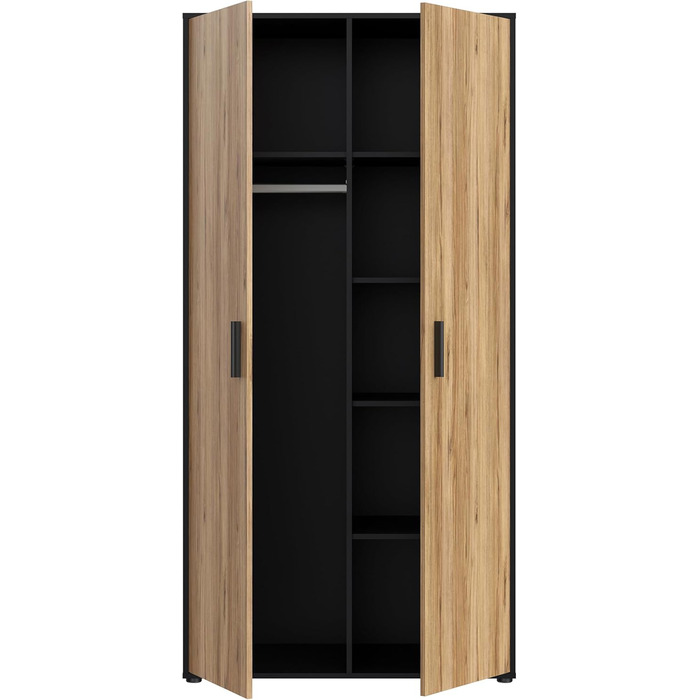 Гардероб Forte Jupiter 95, Шафа в індустріальному стилі з 2 дверима, Інженерна деревина, Декор дуба/Чорний, 94,7 см завширшки, 190,5 см заввишки, 52,7 см завглибшки