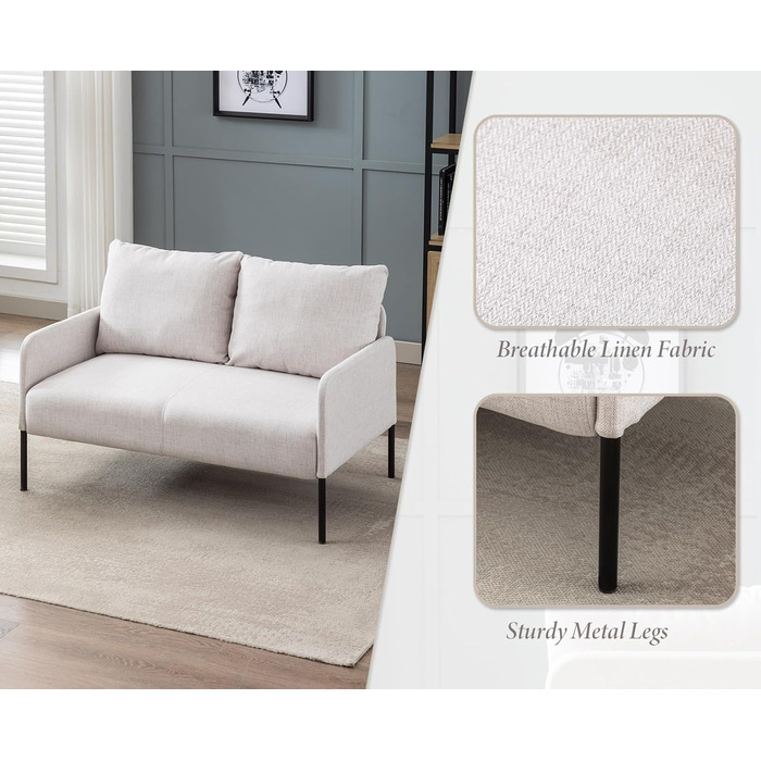 Диван Chairus 2-місний лляний двоспальний диван для вітальні Диван-диван для маленької квартири Сучасний міні-диван для спальні (бежевий) 2K (120 см x 76,5 см x 80 см) бежевий