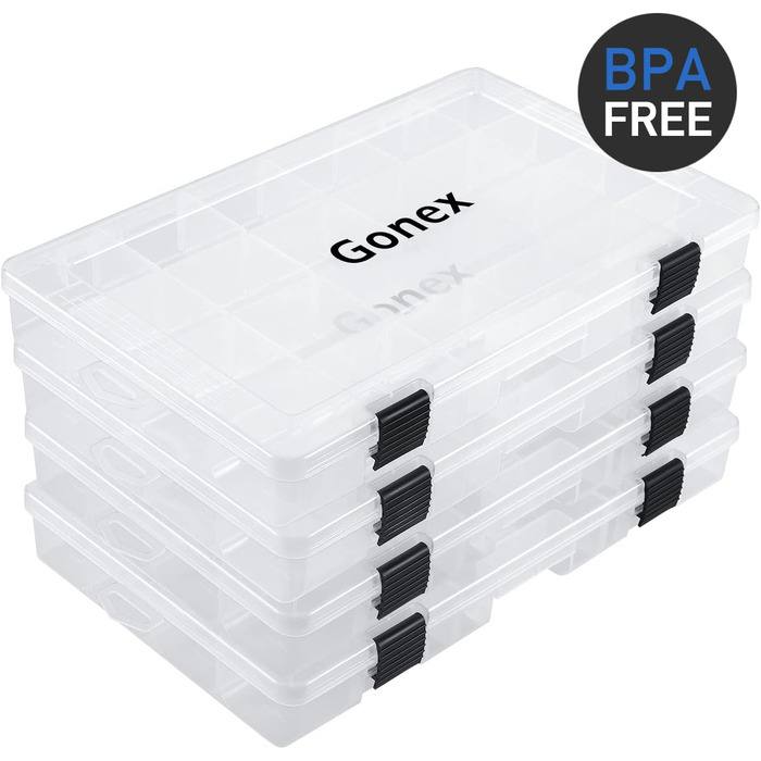Ящики для рибальських снастей Gonex, 3/4 шт., прозорий пластиковий рибальський ящик з регульованими роздільниками для рибальських аксесуарів, рибальський чохол, сітка 18/24, 4 шт., 3700 (35,5x22x4,6 см)