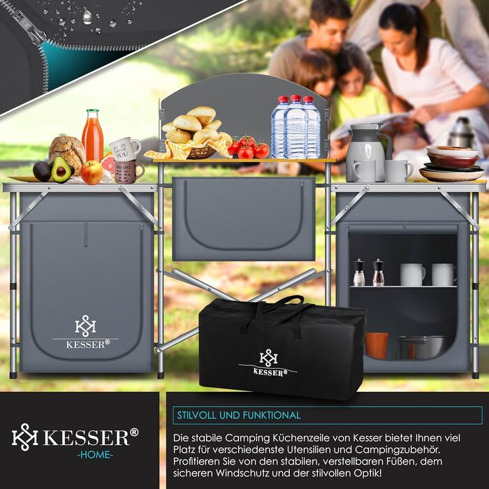 Кухня для кемпінгу KESSER У комплекті сумка для перенесення та комплект чашок Кемпінгова шафа, складна шафа з алюмінієвою рамою Дорожна кухня Кухонний ящик Шафа для намету Кухня для кемпінгу на свіжому повітрі Сірий Тип Великий Тип Великий Сірий