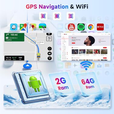 Автомагнітола Hodozzy 2G64G Android для Audi TT MK2 8J 2008-2014 з бездротовим Carplay Android Auto, 7-дюймовий сенсорний екран, 2 Din з навігацією, GPS, WiFi, Bluetooth, EQ/DSP, FM/RDS, радіо з камерою заднього виду