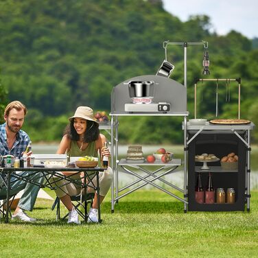 Складана кемпінгова кухня, кемпінгова шафа з алюмінію з 3 робочими поверхнями, відділенням для шафи, підставкою для світла та 4 гачками, вулична кухня, кемпінгова шафа
