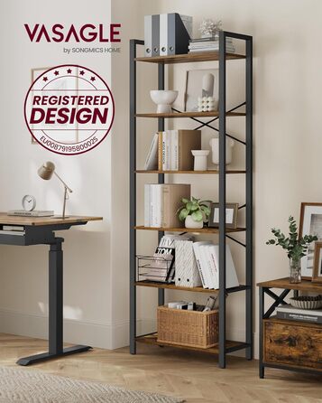 Полиця, книжкова шафа, полиця для стоячого монтажу, полиця для DVD, з 6 полицями, офісна полиця, відкриті полиці, для офісу, вітальні, спальні, кухні, 30 x 64 x 185,5 см, вінтажний коричневий-чорнильний чорний LLS062B01 64B см вінтажний коричневий чорниль