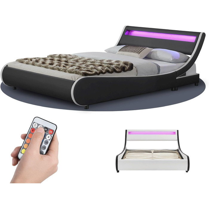 М'яке ліжко Juskys Valencia 140x200 см зі світлодіодним освітленням, рейковою рамою, узголів'ям та штучною шкірою - ліжко молодіжн