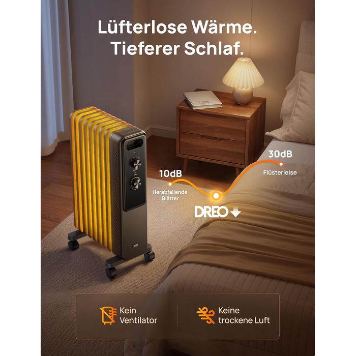 Масляний радіатор Dreo з 9 ребрами, тихий електричний обігрівач потужністю 2000 Вт для спальні, захист від перегріву та перекидання, регульований термостат, блокування від дітей, енергозбереження