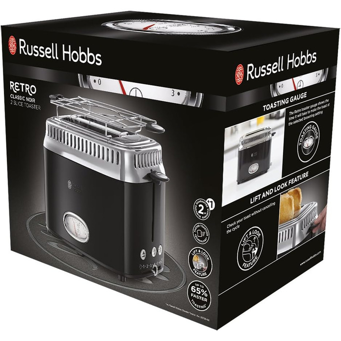 Тостер Russell Hobbs на 2 скибочки Retro Stainless Steel Black (дисплей зворотного відліку в ретро-дизайні, в т.ч. насадка для булочки, 6 рівнів підрум'янювання функція розморожування та підігріву, 1300 Вт) Vintage 21681-56