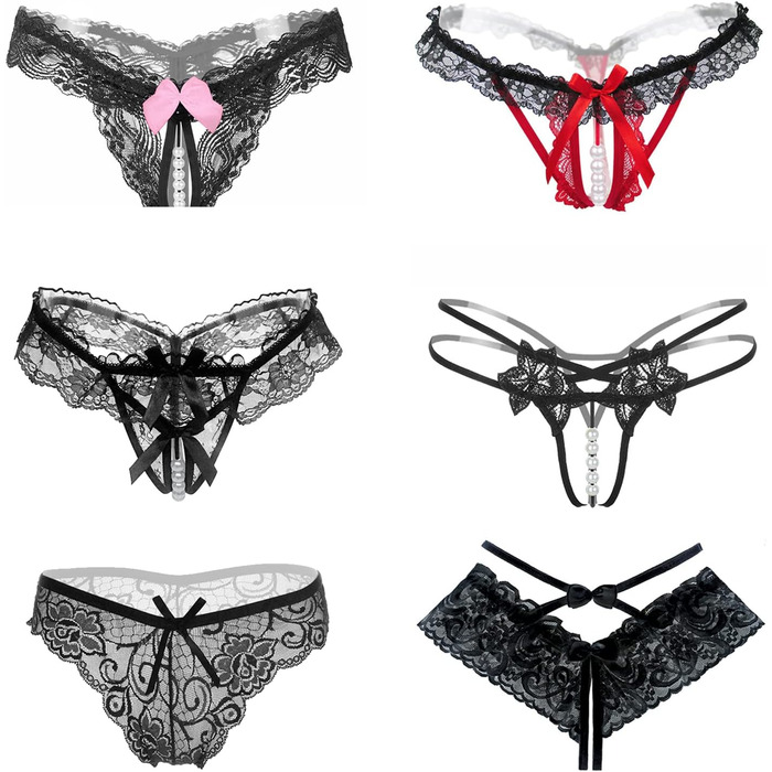 Набір із 6 жіночих сексуальних стрингів з бантиком, перлинами та мереживом, відкритий дизайн, універсальний розмір