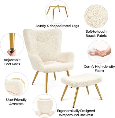 Крісло Yaheetech з підніжкою та підставкою для ніг, чохол з поліестеру, крісло під телевізор, крісло, м&39яке крісло, крісло-реклайнер, коктейльне крісло, плюшевий ведмедик, стильний дизайн, білий колір з підставкою для ніг