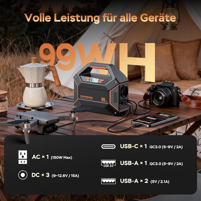 Портативний генератор живлення MARBERO 99 Втгод 27 000 мАг, зовнішній акумулятор з розеткою змінного струму максимальної потужності 150 Вт, аварійним світлодіодним ліхтарем з функцією SOS для кемпінгу, надзвичайних ситуацій, дому, подорожей та роботи M365