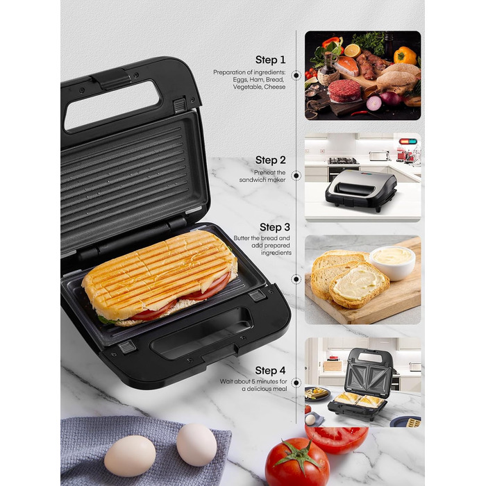 Бутербродниця FOHERE 6 в 1, вафельниця, контактний гриль, паніні, солодкі тістечка, антипригарне покриття для легкого очищення, двостороннє випікання при постійній температурі, без бісфенолу А, 750 Вт