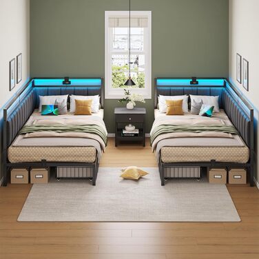 М&39яке ліжко-диван-ліжко 90x200 зі світлодіодним освітленням та USB-зарядною станцією, Дитяче ліжко-кушетка 90x200 з металевою рейковою основою та 2 шухлядами, Гостьове ліжко, Каркас ліжка без матраца, Темно-сірий 90x200 см