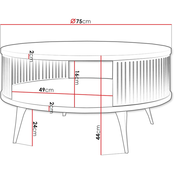 Журнальний столик з полицею, кругла форма, металеві ніжки, журнальний столик, столики для вітальні, приставний столик, столик для дивана, чайний столик (дуб Craft Gold, чорний) Чорний дуб Craft Gold, 24 Rajkon