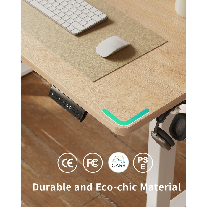 Стіл FEZIBO з регульованою висотою, цільна стільниця, 120 x 60 см, стіл з регульованою висотою та портами зарядки USB-A та USB-C, стіл для роботи сидячи та стоячи для домашнього офісу, стіл для роботи стоячи, дуб 120 x 60 см