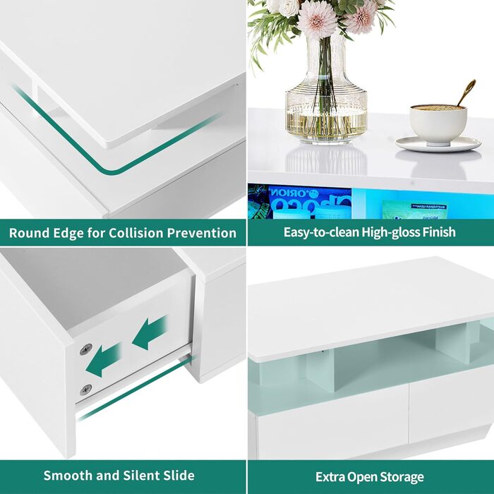 Білий журнальний столик YITAHOME, глянцевий стіл для вітальні з 16-кольоровим світлодіодним підсвічуванням, сучасний бічний столик з відкритою полицею та 4 висувними шухлядами, 90x55x41,1 см